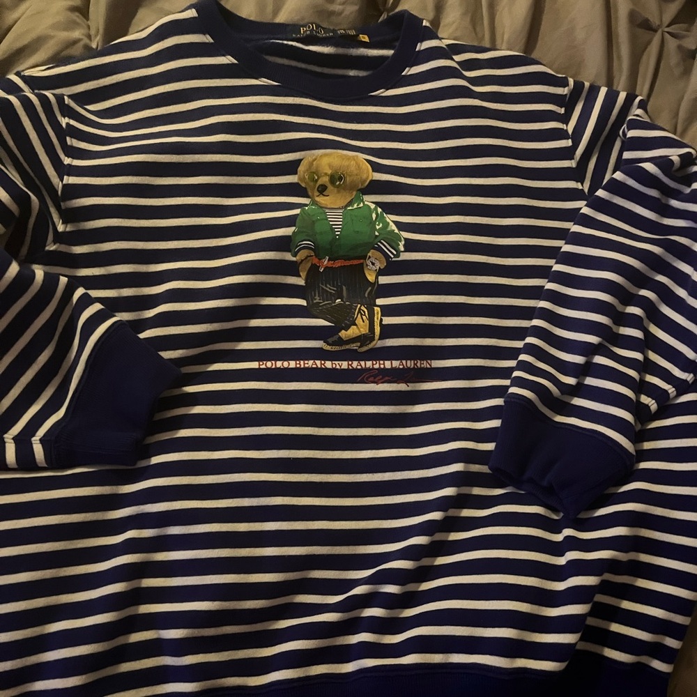 Striped Navy and White Sweater with Bear Design Ralph Lauren Polo Big Bear